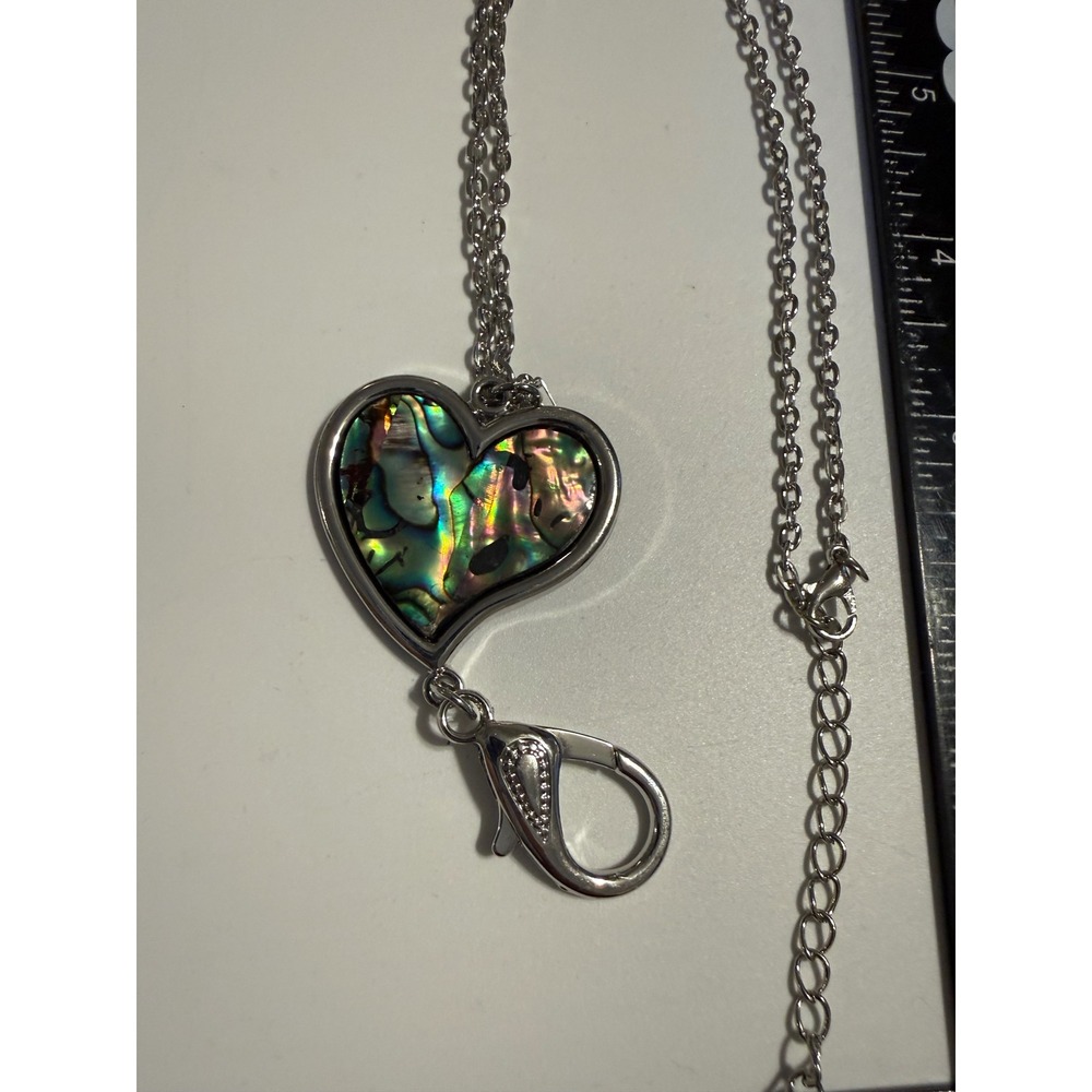 Abalone Shell Heart Lanyard Necklace Silver Tone Iridescent Paua ID Badge Holder